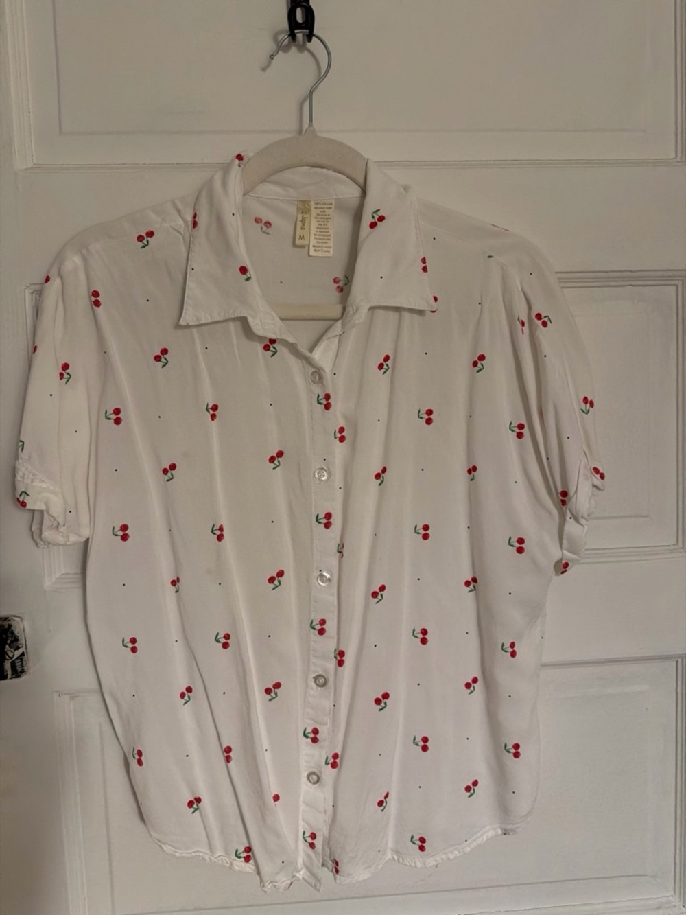 White Short-Sleeve Button-Down Shirt with Red Cherry Print 🍒